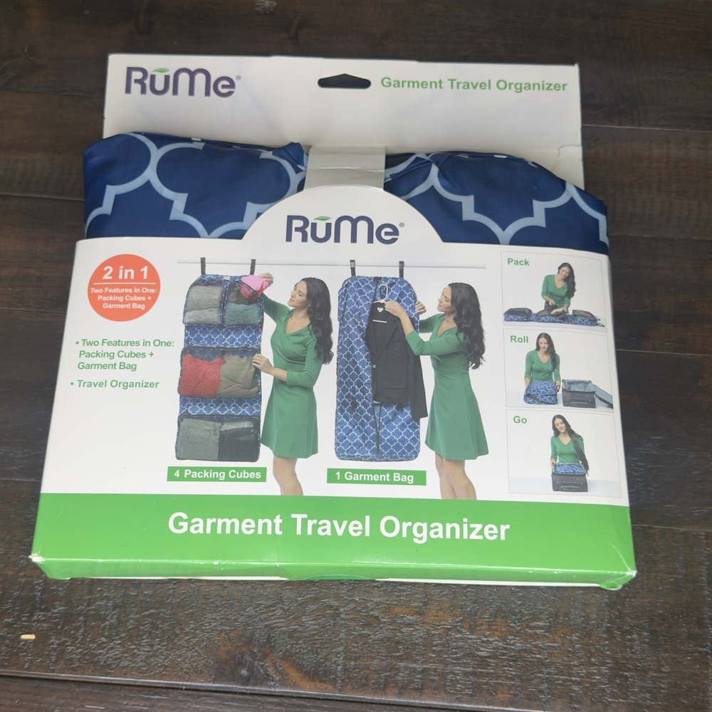 RuMe Garment Travel Organizer 2 in 1 Packing Cubes Garment Bag Navy Blue Trellis